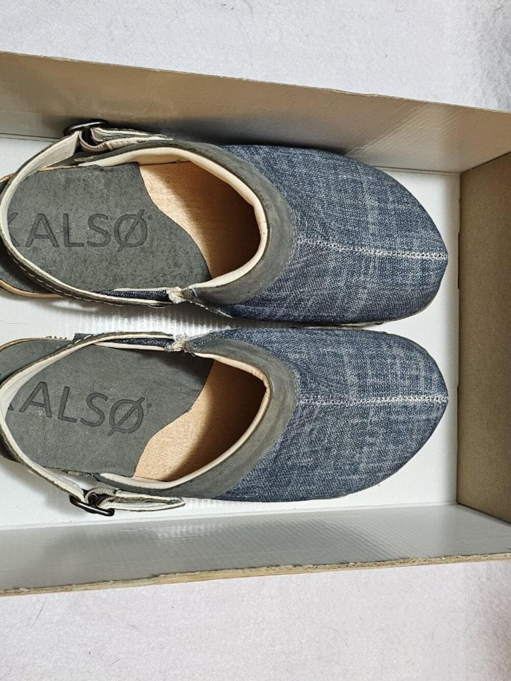 KALSO Women sz 7  Shanti BLUE FABRIC DENIM Mules Clog Negative Heel Comfort Shoe